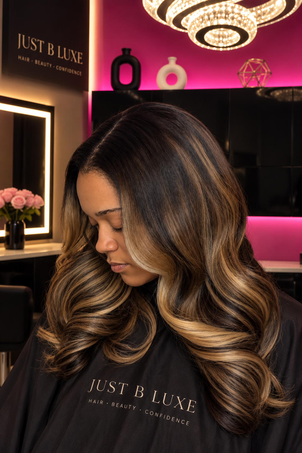 Long styled hair with dimensional highlights