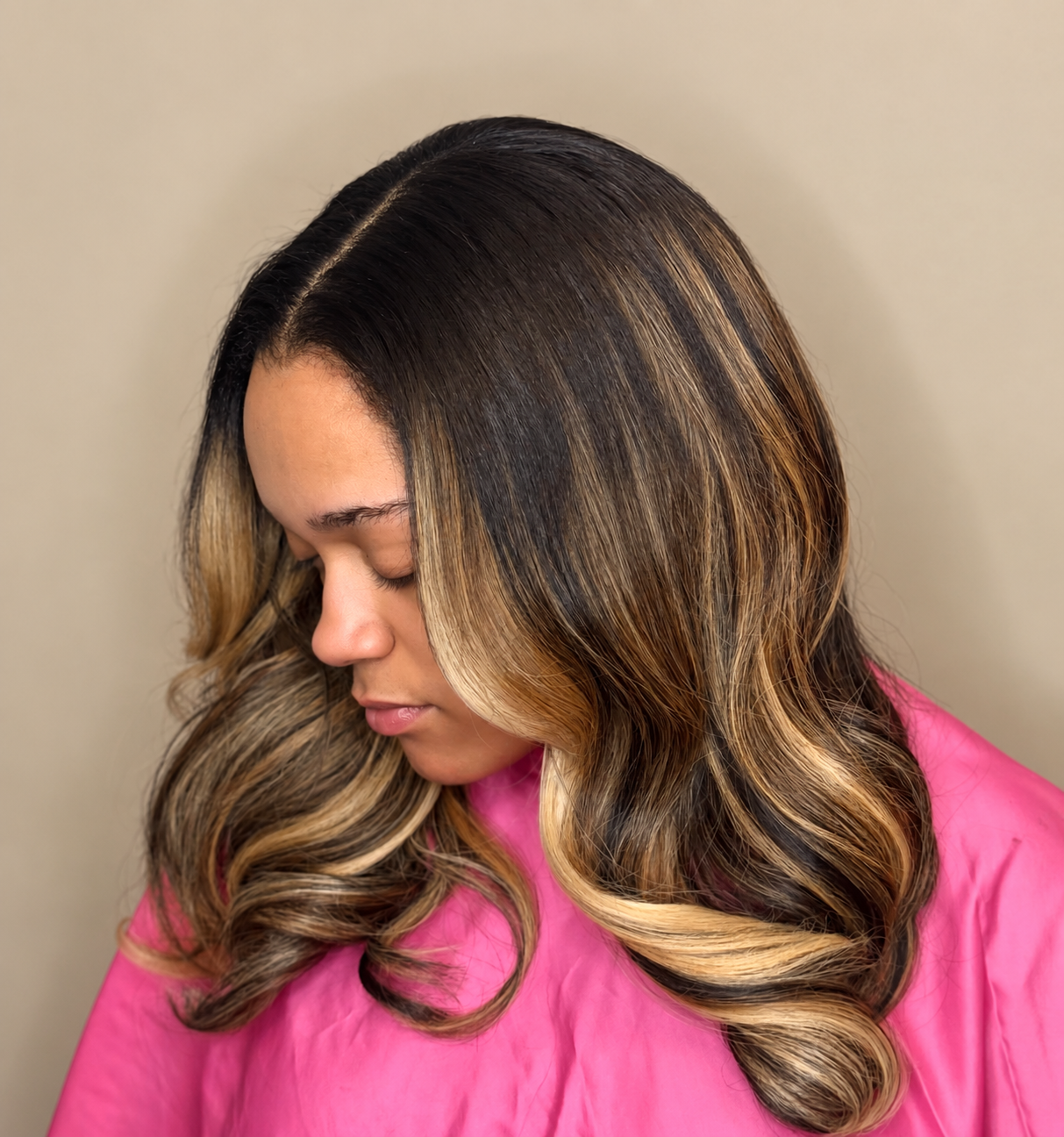 Hair styled with dimensional color