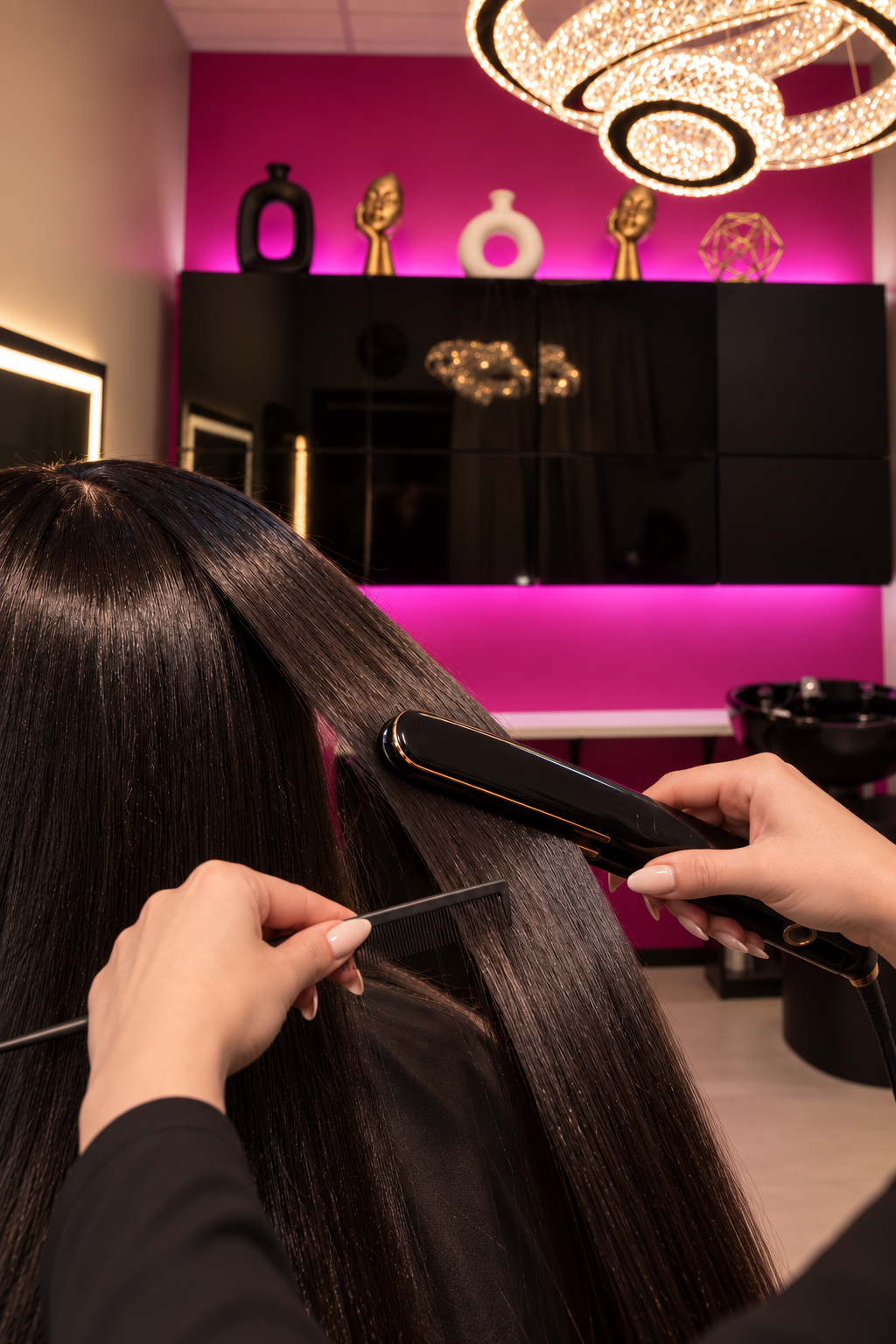 Silk press styling with a flat iron